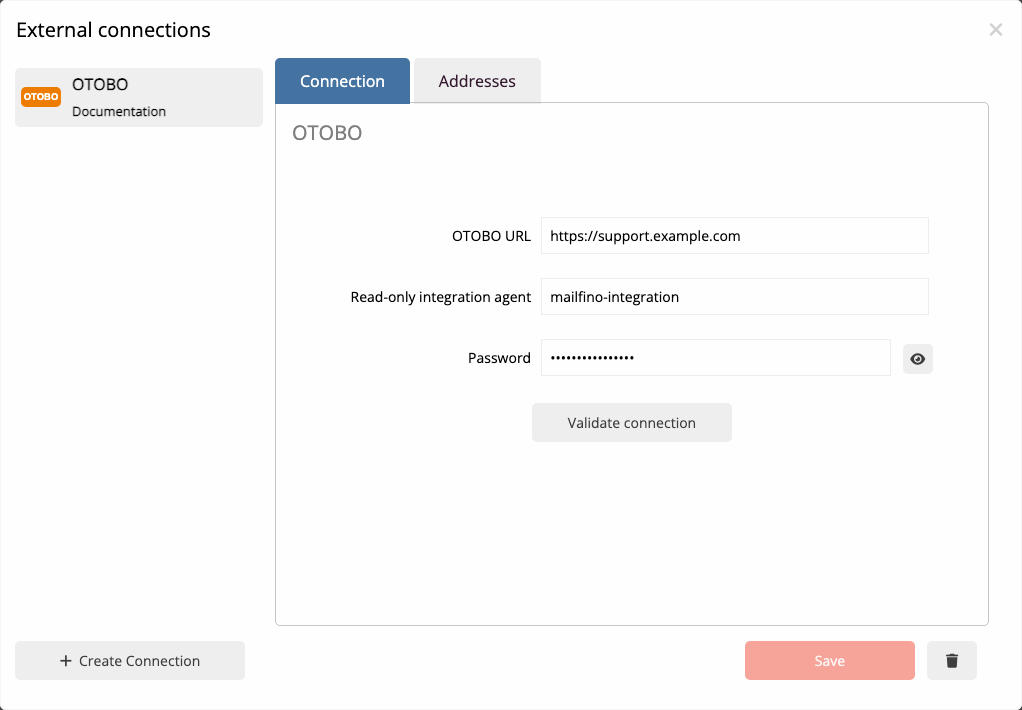 OTOBO connection with base address and integration agent in the mailfino connection manager.