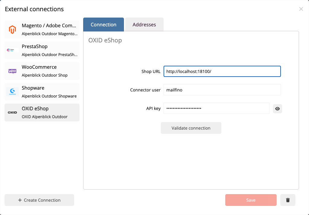 Read-only OXID eShop connection in the mailfino connection manager