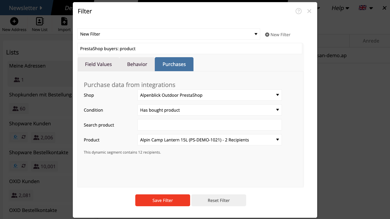 Select buyers of a PrestaShop product as a newsletter audience