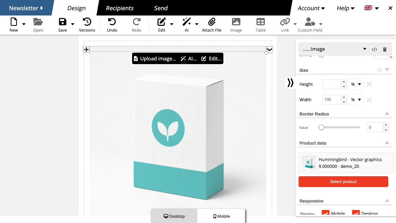 PrestaShop product card in the mailfino newsletter editor