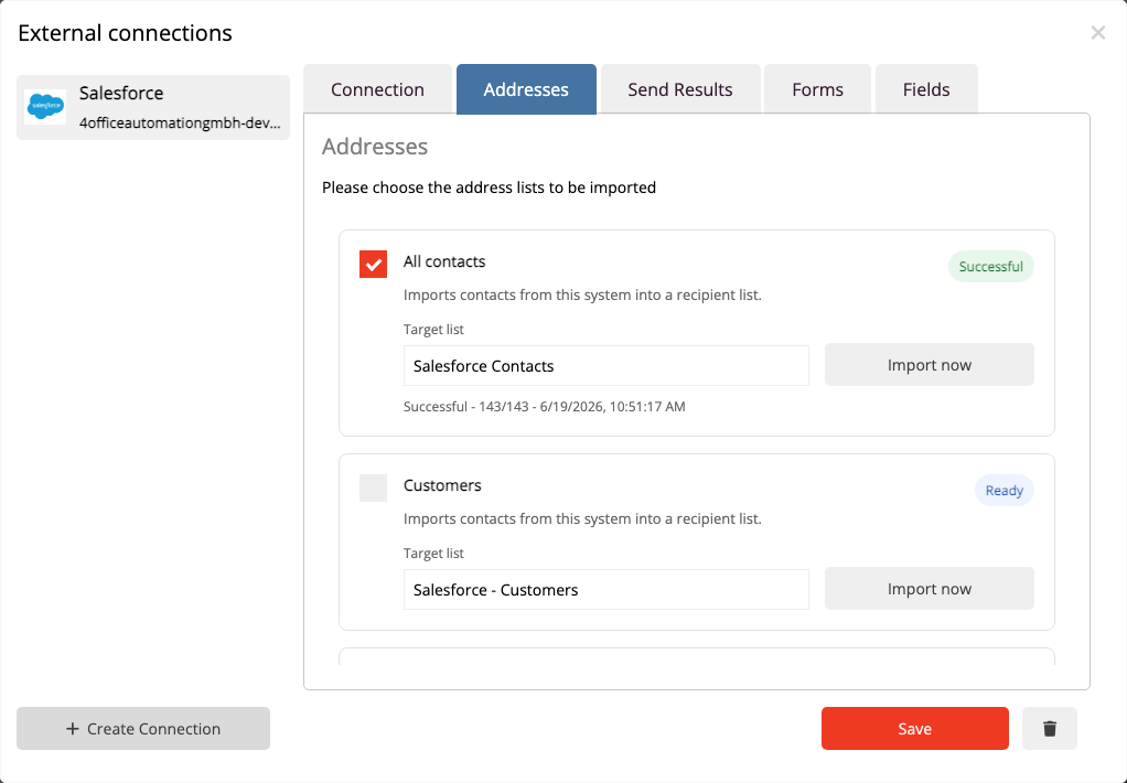 Select Salesforce Contacts and Campaigns for import into mailfino.