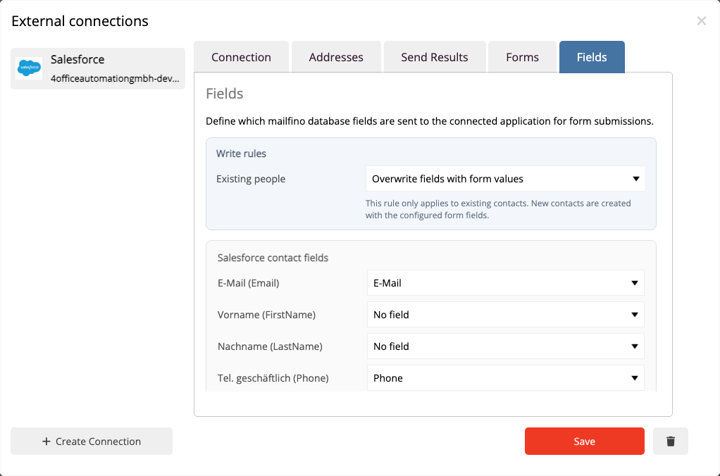 Salesforce Contact fields in mailfino field mapping.
