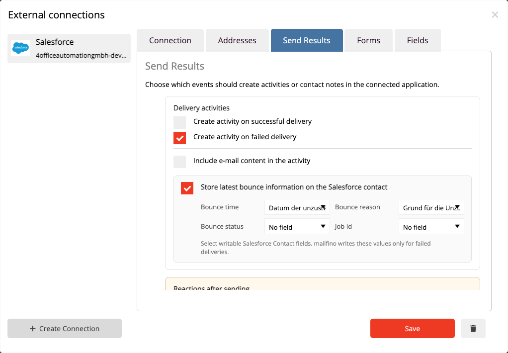 Select mailfino sending events for Salesforce Tasks.