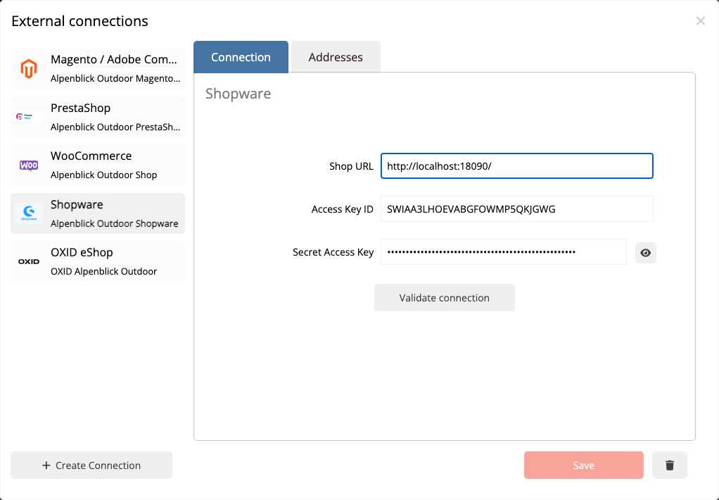 Shopware connection in mailfino with shop URL and API access