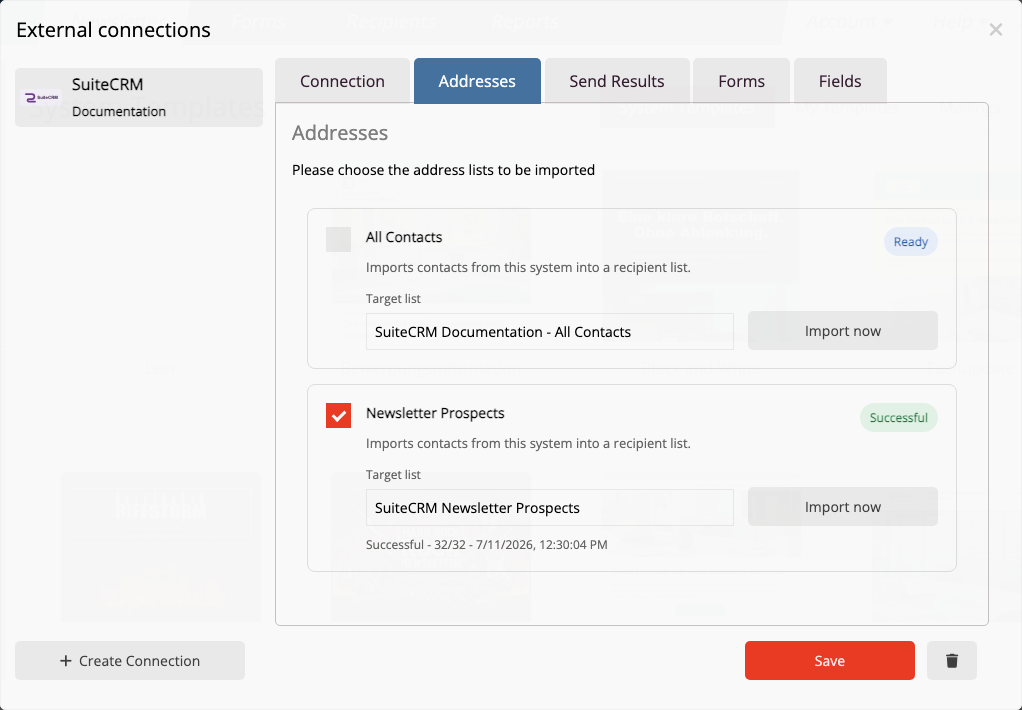 SuiteCRM Contacts and Target Lists as import sources in mailfino.