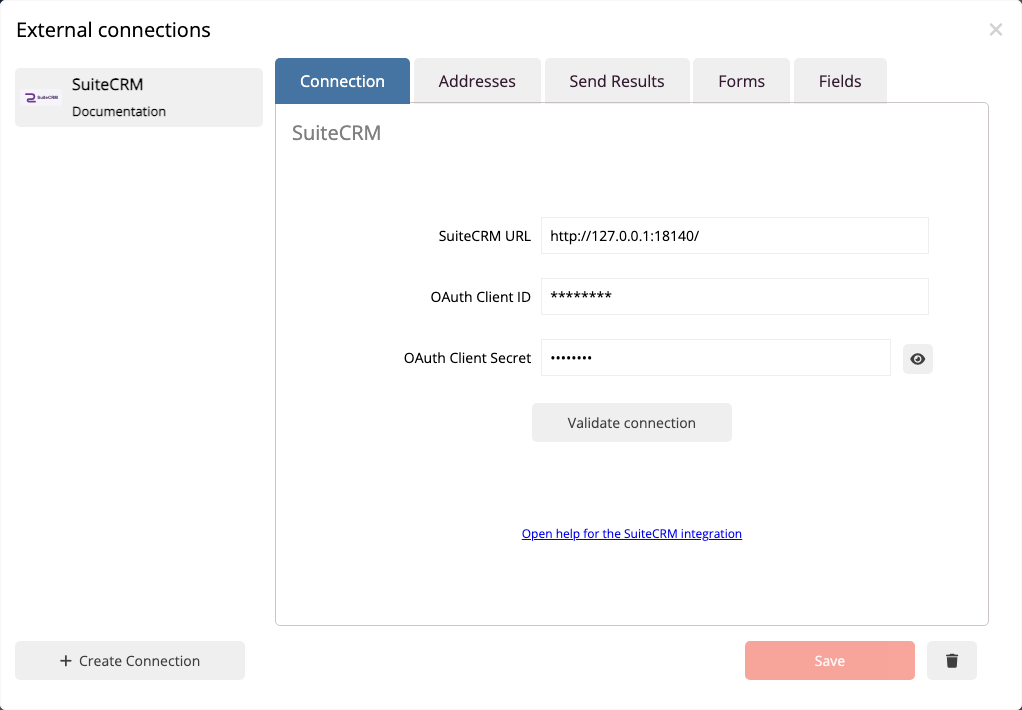 Successfully verified SuiteCRM connection in the mailfino integration manager.