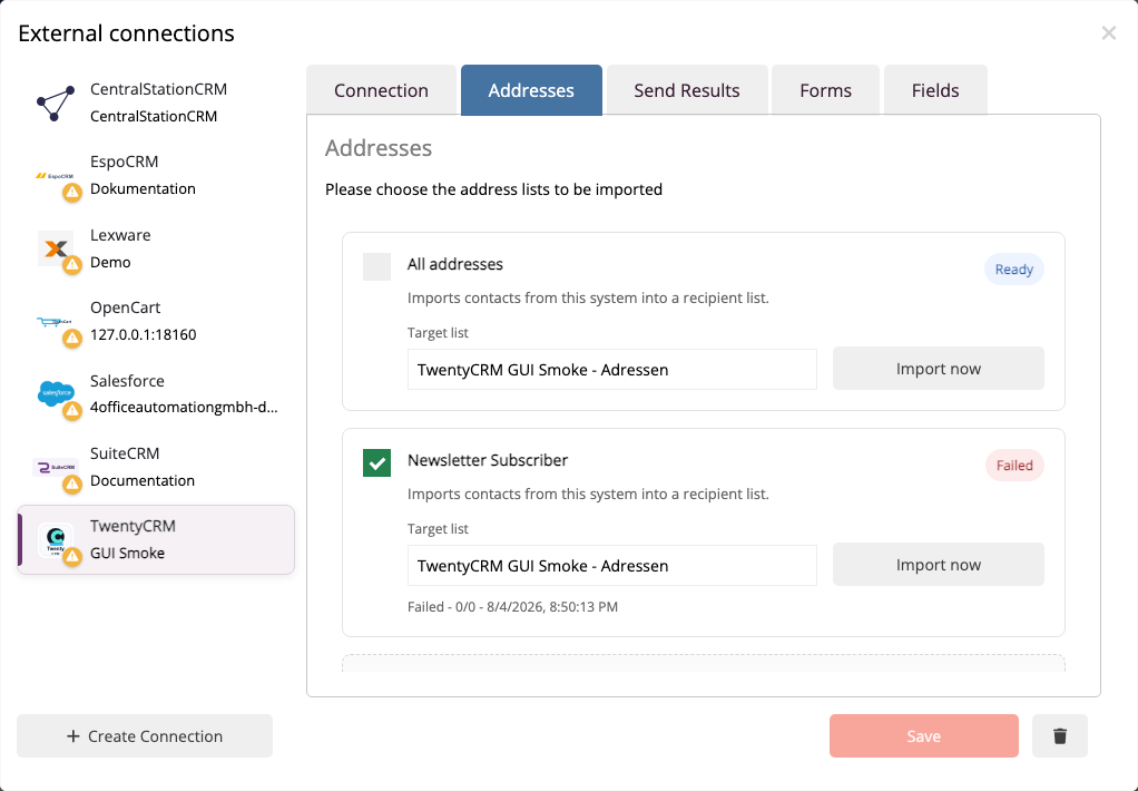 Twenty People and saved Views as import sources in mailfino.