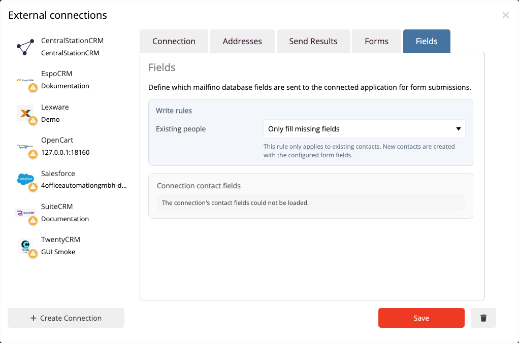 Map mailfino form fields to approved Twenty People fields.