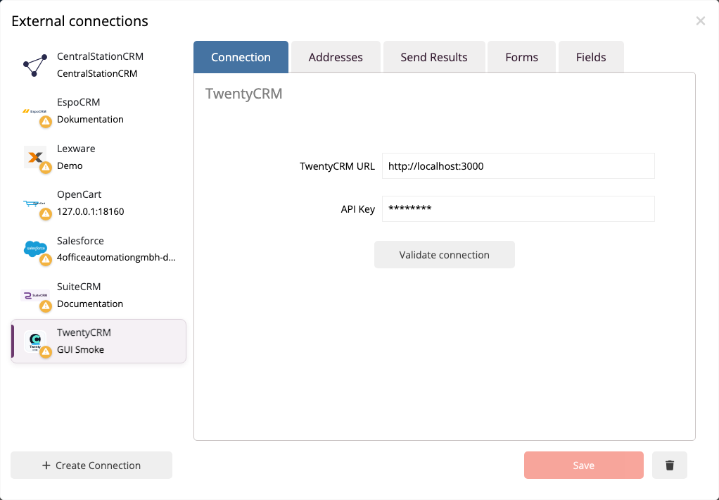 Successfully verified Twenty connection in the mailfino integration manager.
