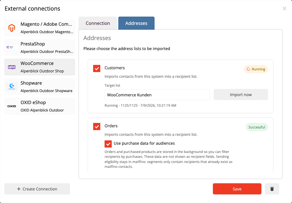 Customer and purchase data imports in the mailfino WooCommerce integration