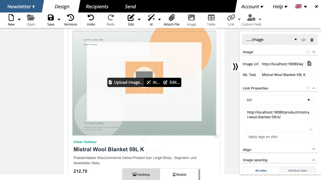 WooCommerce product card in the mailfino newsletter editor