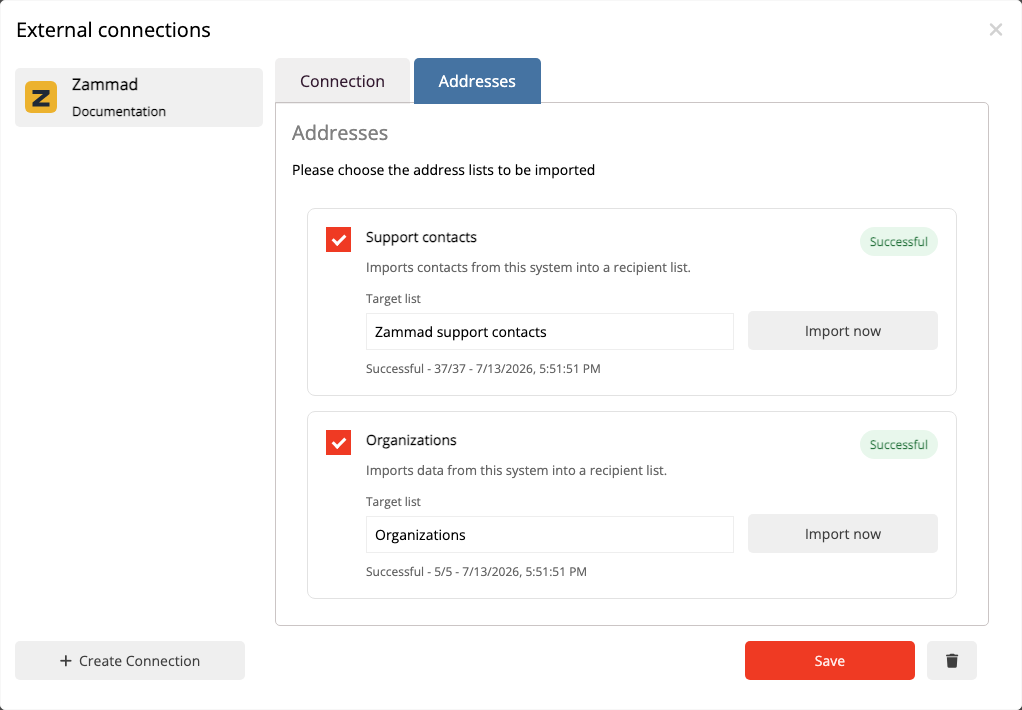 Successful import of Zammad support contacts and organizations into mailfino.