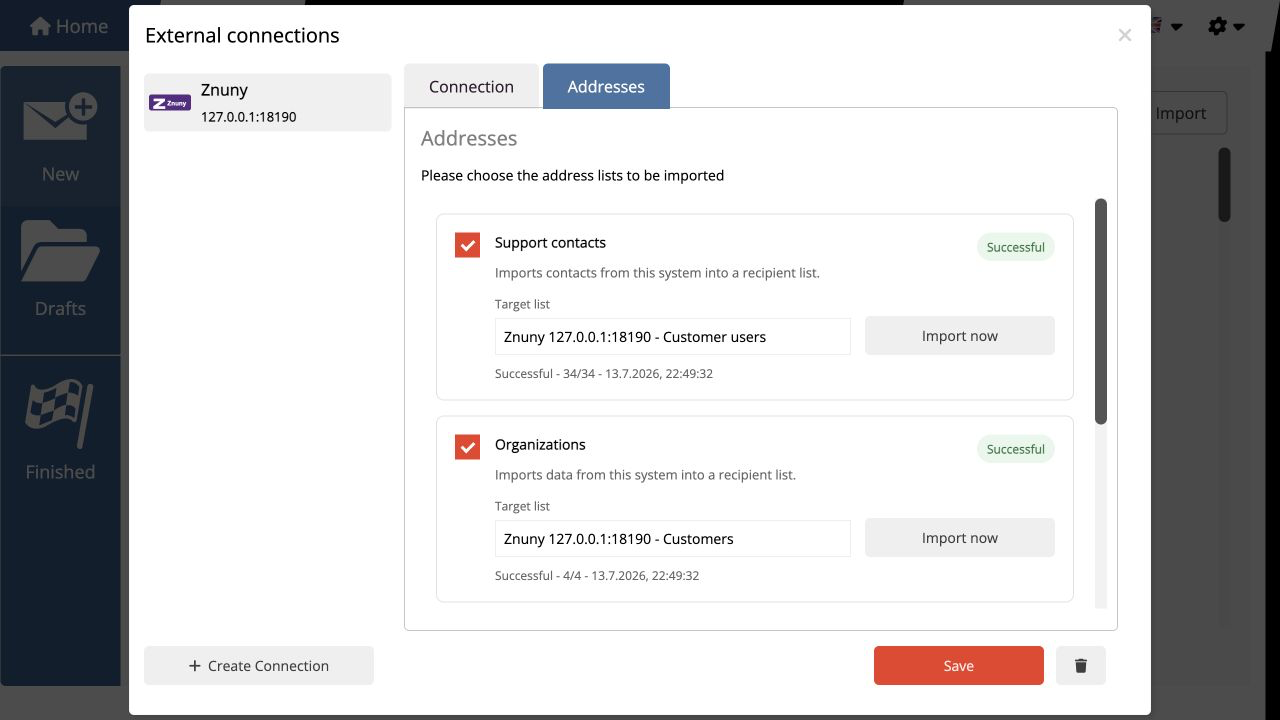 Successful import of Znuny support contacts, organizations and ticket snapshots into mailfino.