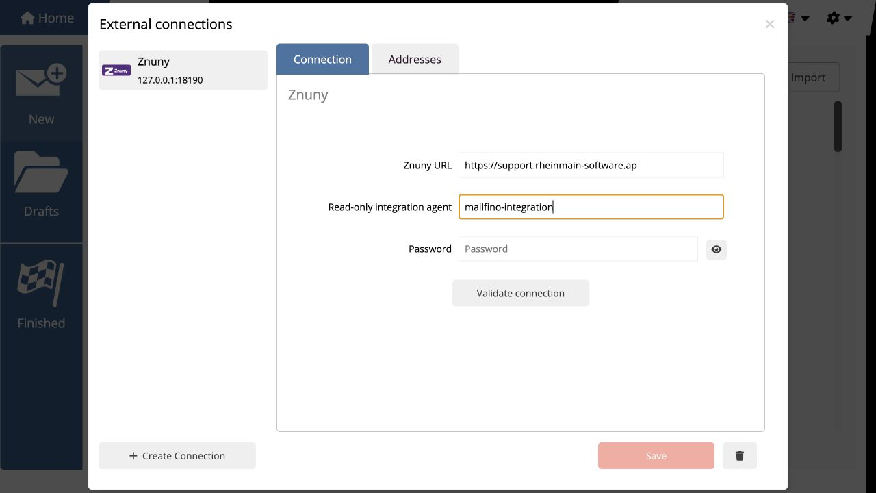 Znuny address and read-only integration agent in the mailfino connection configuration.