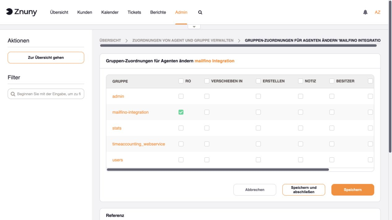 Group permissions of the Znuny integration user restricted to read-only.