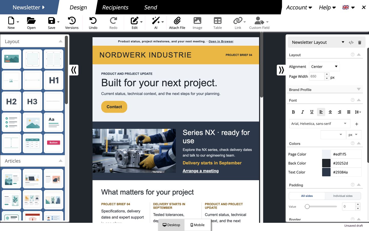 Complete mailfino newsletter editor showing the blue and yellow Nordwerk Industrie B2B template.