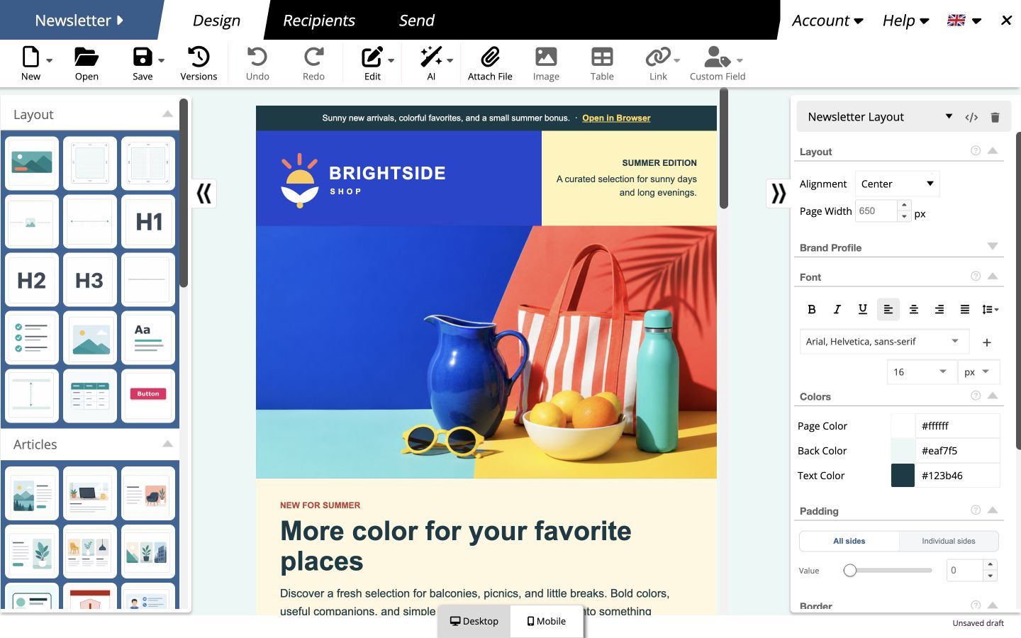 Colorful shop newsletter in the visual mailfino editor with element selection and design settings.