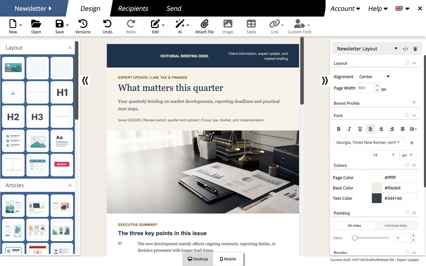 Newsletter in the visual mailfino editor.