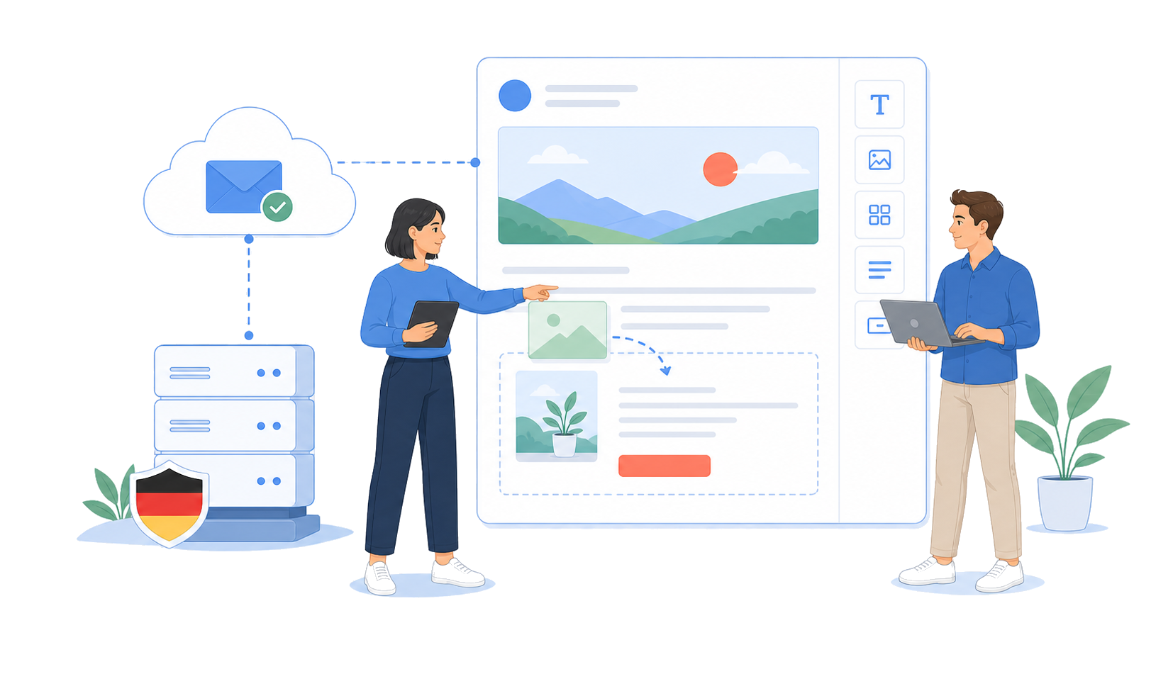 Illustration der mailfino Cloud mit Newsletter-Erstellung und Versand
