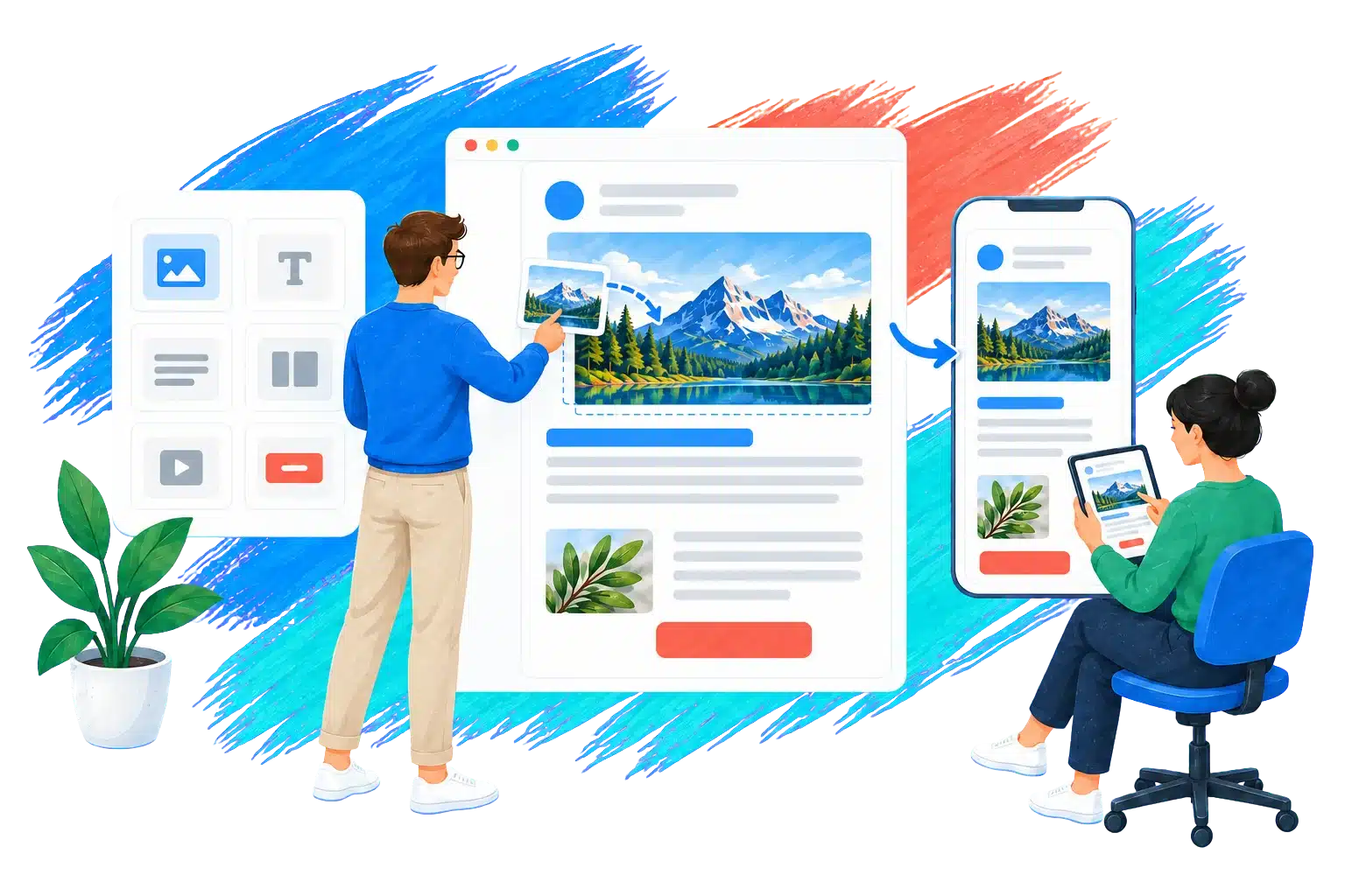 Illustration of two people assembling modular newsletter content.