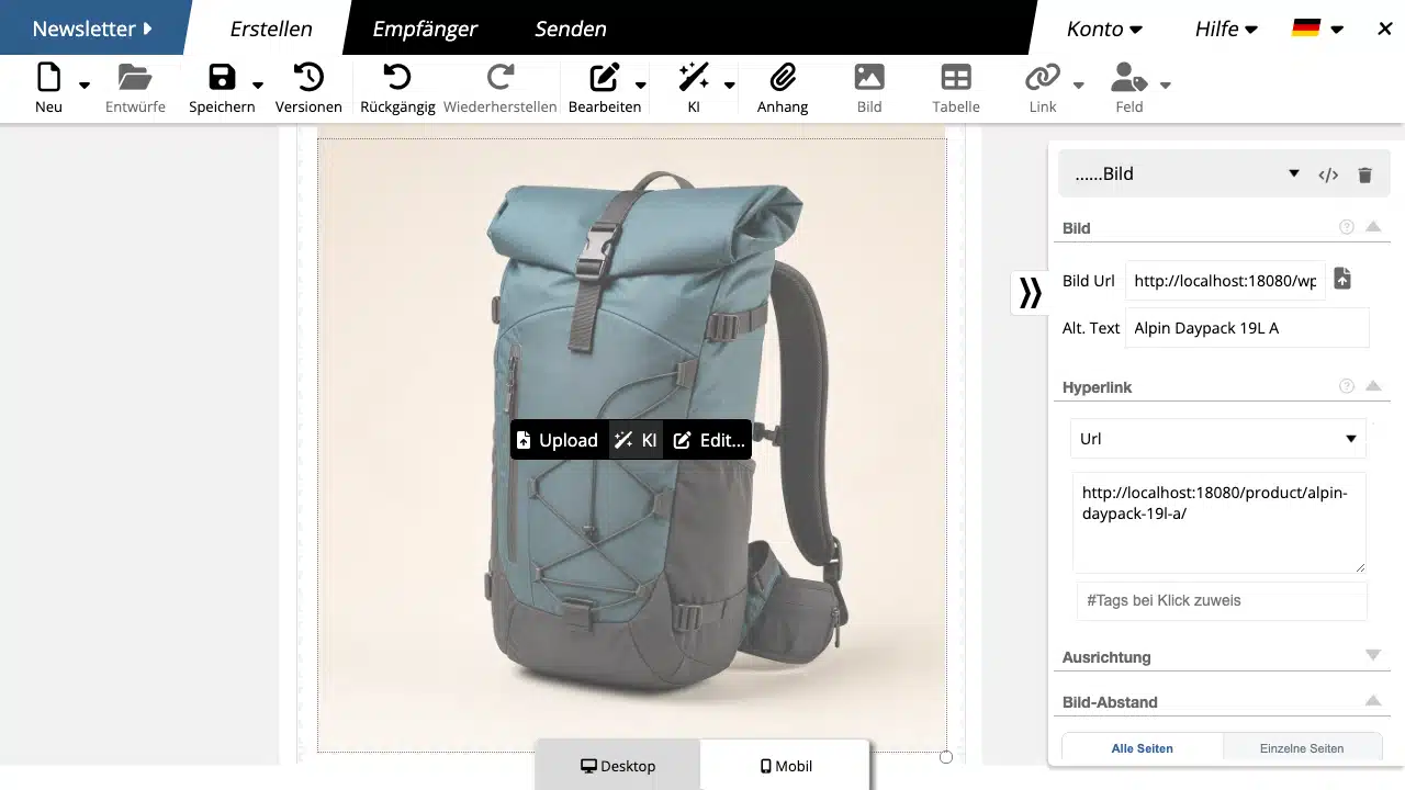 Product image in an example card in the mailfino newsletter editor