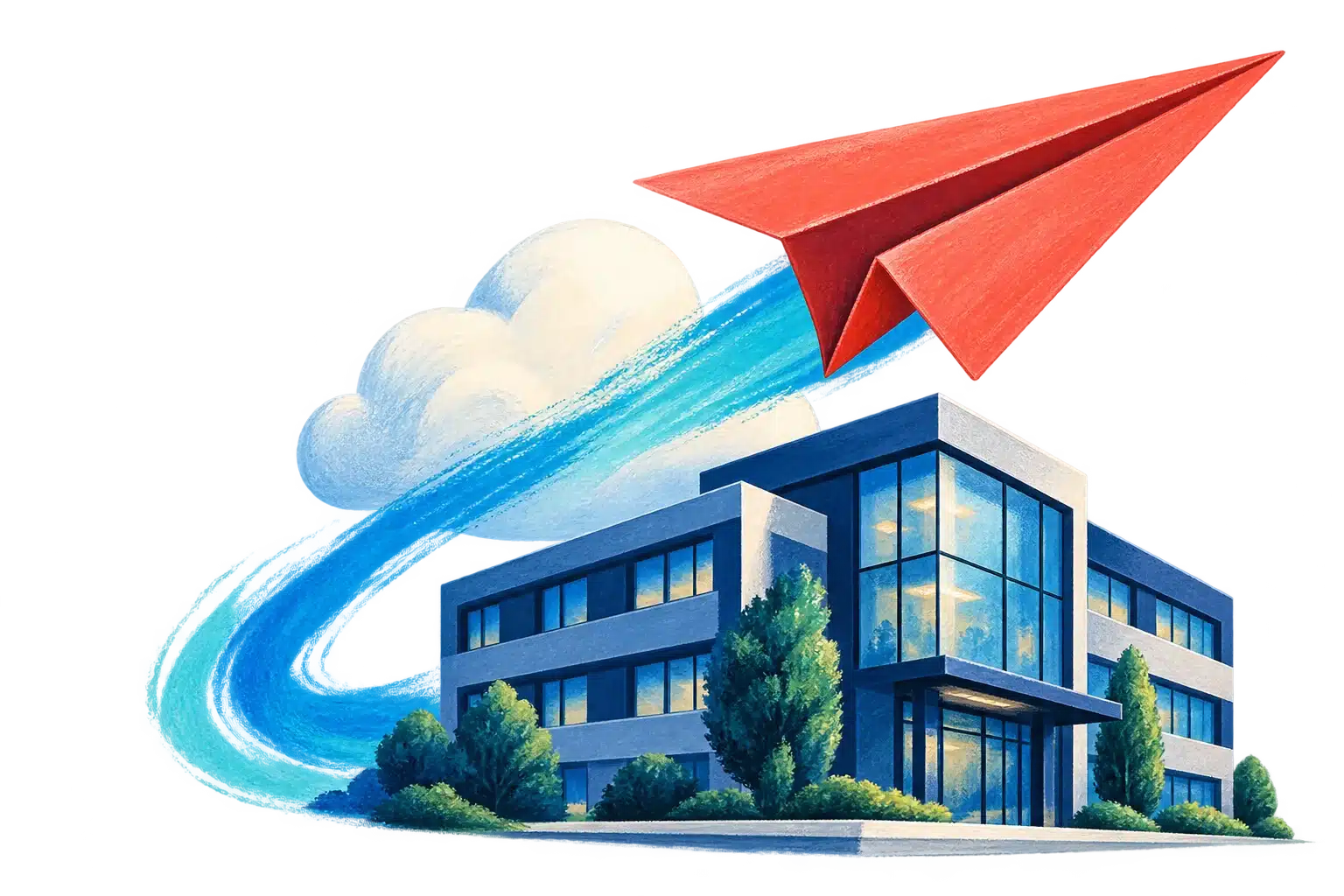 Red paper airplane taking off above a cloud and an office building.