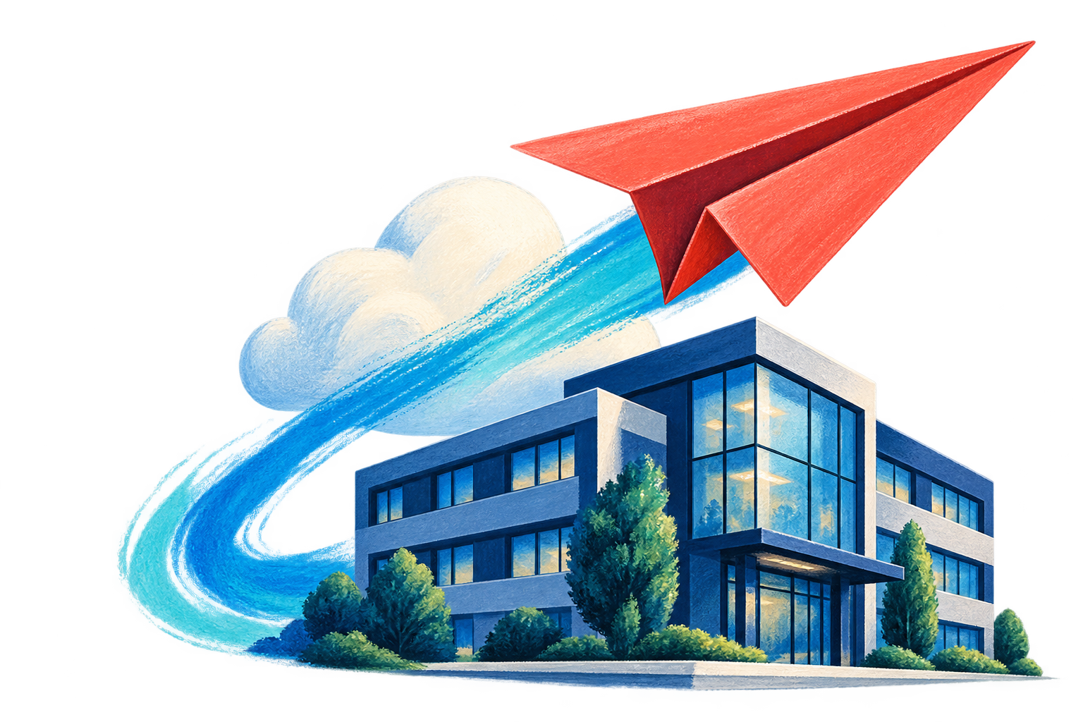 Red paper airplane taking off above a cloud and an office building.