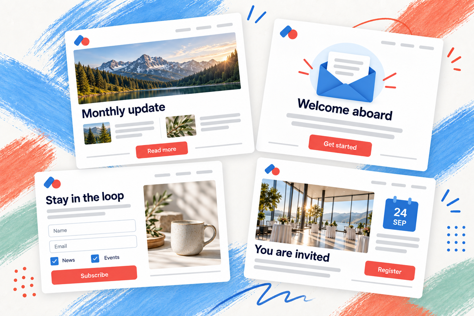Illustration: Newsletter, Willkommensmail, Formular und Einladung mit gemeinsamen Farben und Logo