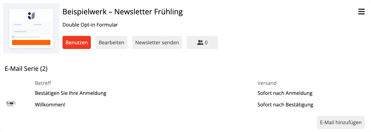Übersicht einer Double-Opt-in-, Willkommens- und Folgemail-Serie