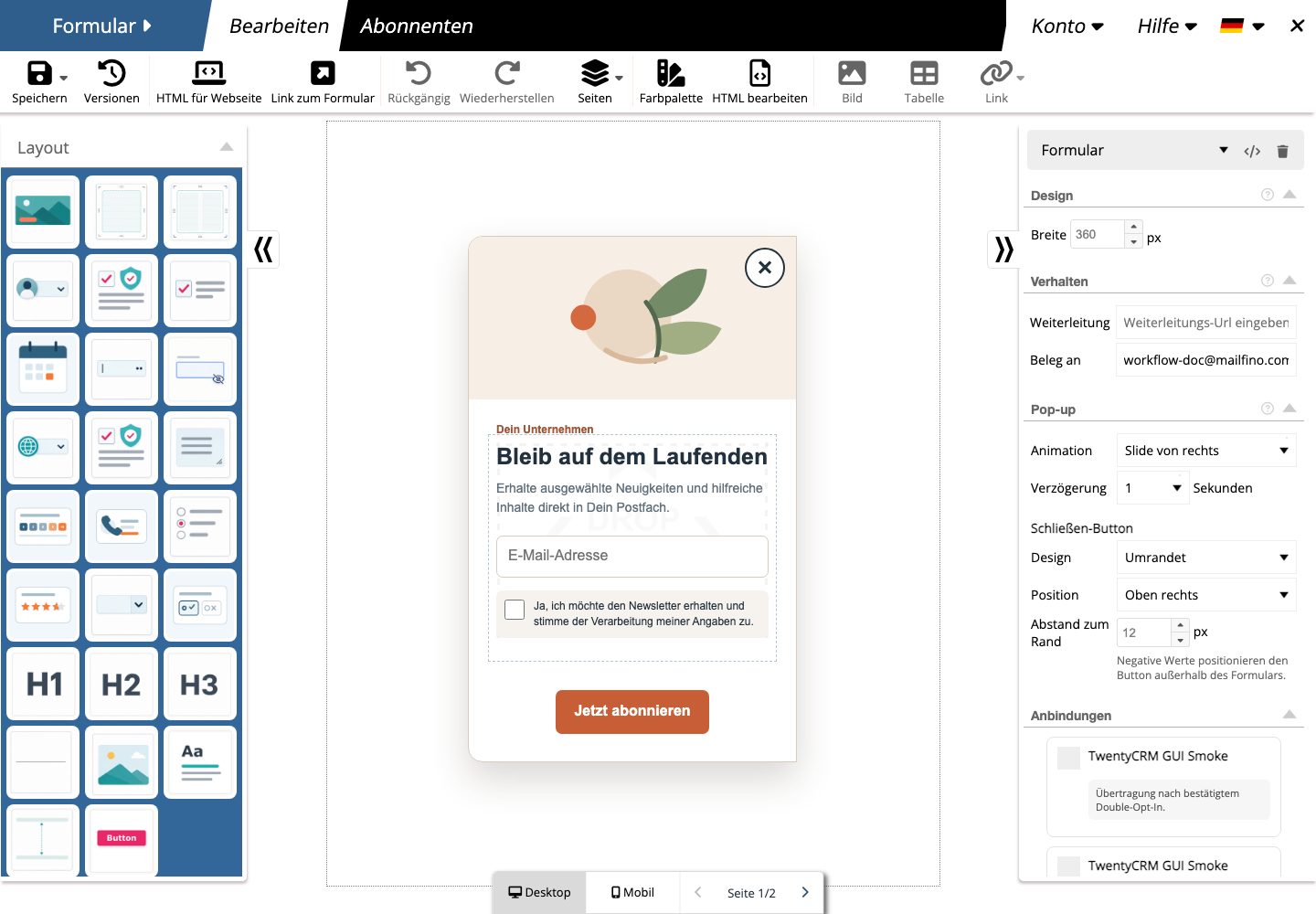 Einstellungen für Pop-ups und Slide-ins im mailfino Formular-Editor