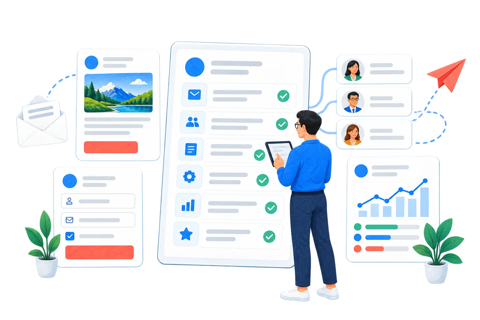 Illustration: Eine Person prüft die mailfino-Funktionen auf einer Checkliste mit Newsletter, Formular, Kontakten und Versandbericht.